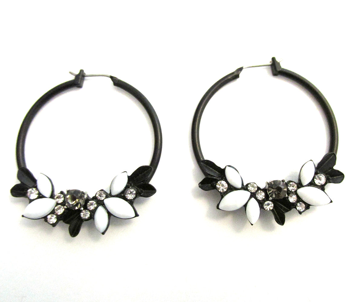 Vintage 1990s Diamante and Japanned Floral Hoop Earrings - Front