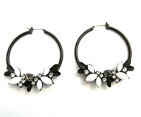 Vintage 1990s Diamante and Japanned Floral Hoop Earrings - Front - Thumbnail