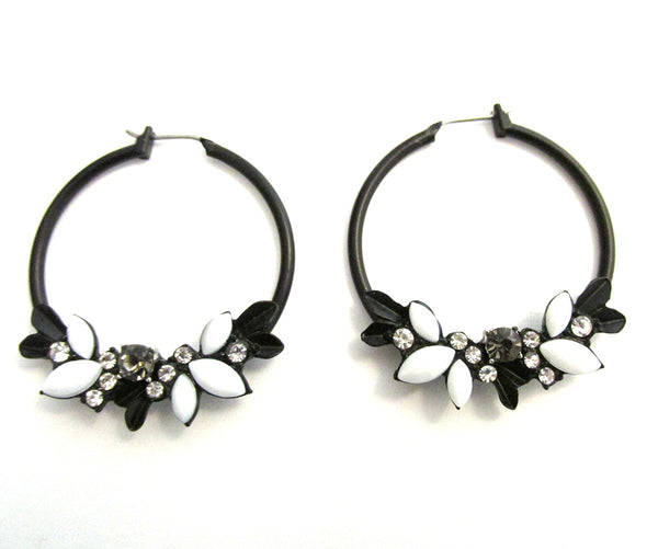Vintage 1990s Diamante and Japanned Floral Hoop Earrings - Front