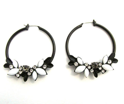 Vintage 1990s Diamante and Japanned Floral Hoop Earrings - Front