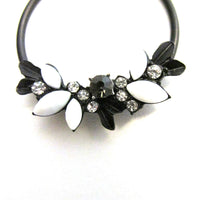 Vintage 1990s Diamante and Japanned Floral Hoop Earrings - Close Up - Thumbnail