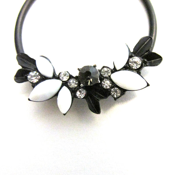 Vintage 1990s Diamante and Japanned Floral Hoop Earrings - Close Up