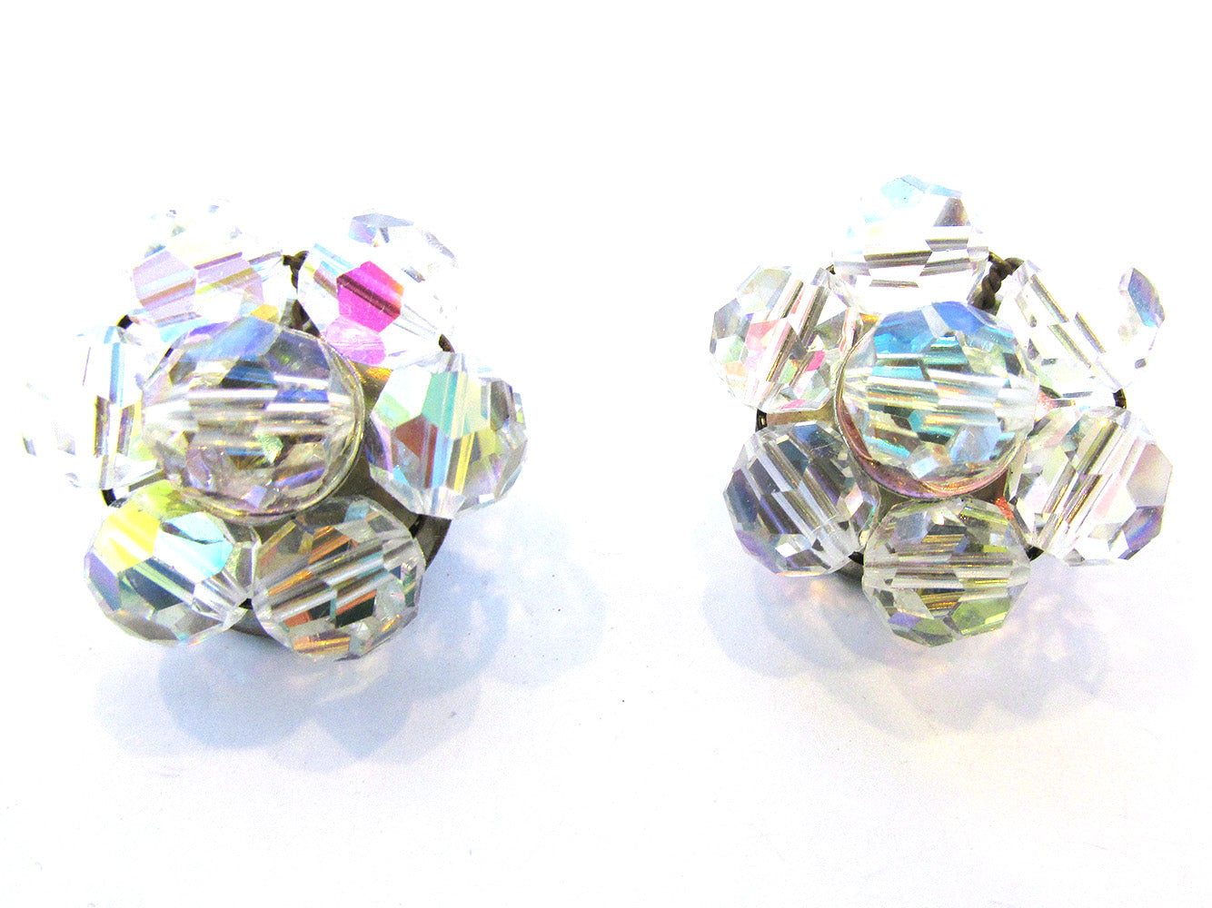 Vintage 1960s Mid-Century Clip-On Crystal Bead Button Earrings - Front