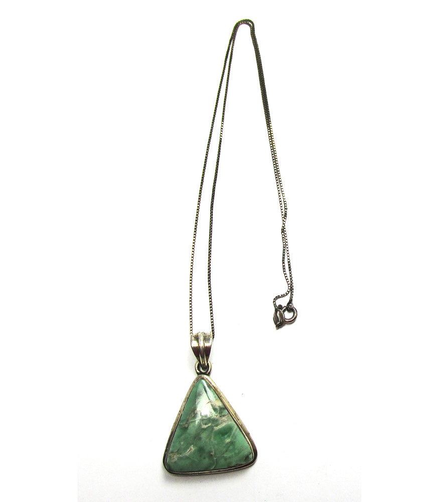 Vintage 1970s Retro Geometric Green Onyx and Sterling Pendant - Front