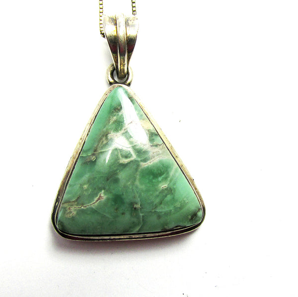 Vintage 1970s Retro Geometric Green Onyx and Sterling Pendant - Close Up