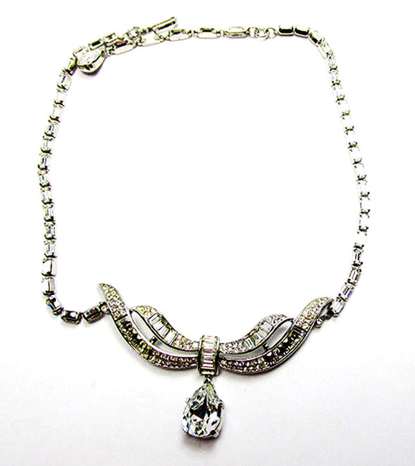 Crown Trifari Vintage 1950s Stunning Clear Rhinestone Drop Necklace - Front