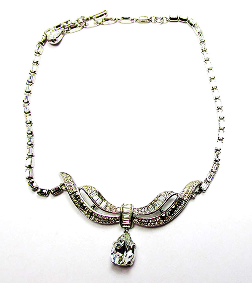 Crown Trifari Vintage 1950s Stunning Clear Rhinestone Drop Necklace - Front