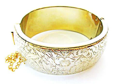 Exceptional 1950s Vintage Mid-Century Engraved Gold Floral Cuff Bracelet - Front