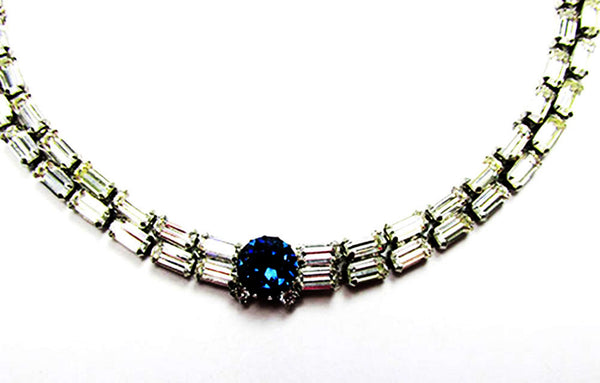 Stunning Hobe Vintage 1950s Clear and Blue Rhinestone Necklace - Front Close Up