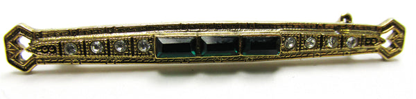 Vintage 1950s Emerald-Green Rhinestone and Gold-Toned Bar Pin - Front