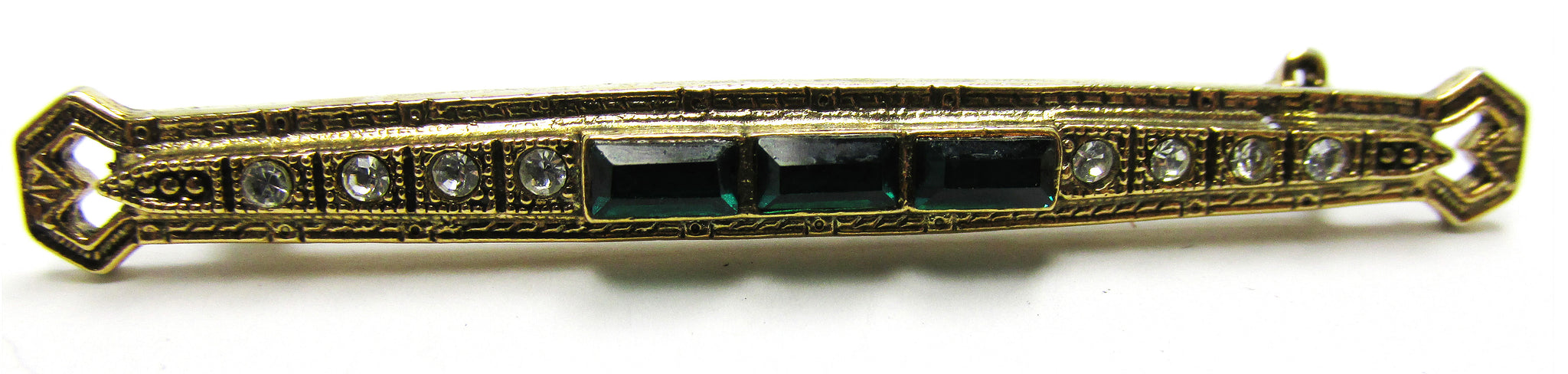 Vintage 1950s Emerald-Green Rhinestone and Gold-Toned Bar Pin - Front