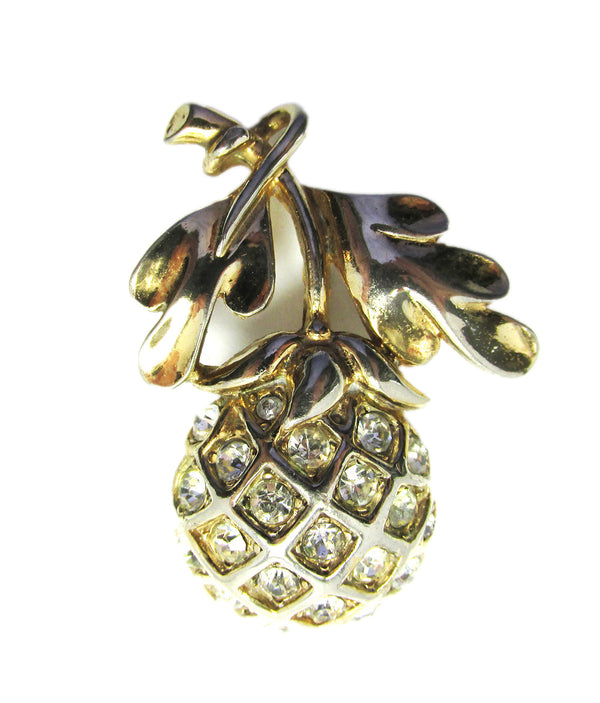 Vintage 1950s Whimsical Clear Rhinestone Gold-Toned Pineapple Pin - Front
