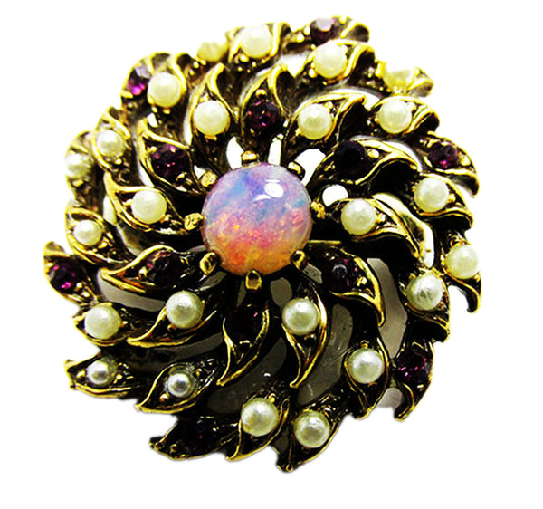 Vintage 1950s Opal and Amethyst Rhinestone and Pearl Swirl Pin - Front