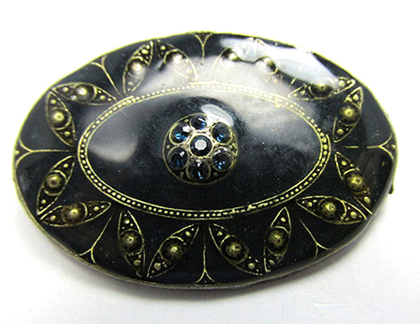 Antique 1910s Blue Rhinestone Black and Gold Enameled Silver Pin - Front