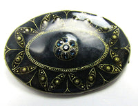 Antique 1910s Blue Rhinestone Black and Gold Enameled Silver Pin