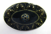 Antique 1910s Blue Rhinestone Black and Gold Enameled Silver Pin