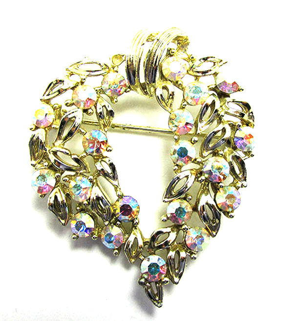 Vintage 1950s Pink Aurora Borealis Rhinestone Gold-Toned Wreath Pin - Front
