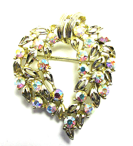 Vintage 1950s Pink Aurora Borealis Rhinestone Gold-Toned Wreath Pin - Front