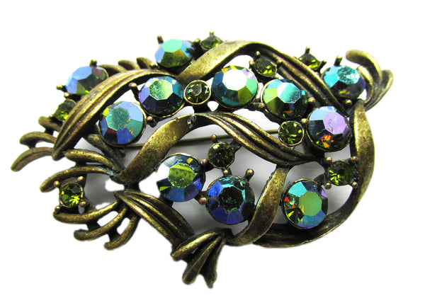 Vintage 1960s Peridot and Green AB Rhinestone Gold-Toned Pin - Front