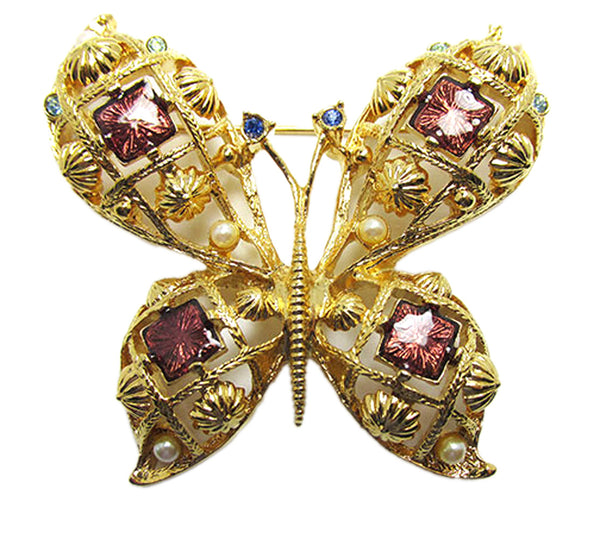 Avon Vintage 1980s Rhinestone, Pearl, and Enamel Butterfly Pin - Front