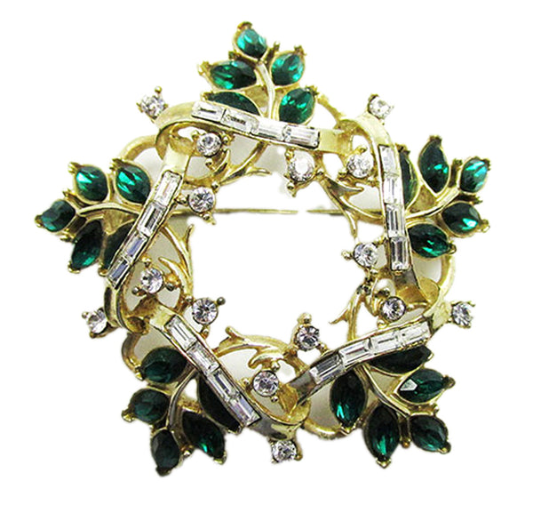 Corocraft Pegasus Vintage 1950s Emerald-Green Rhinestone Wreath Pin - Front