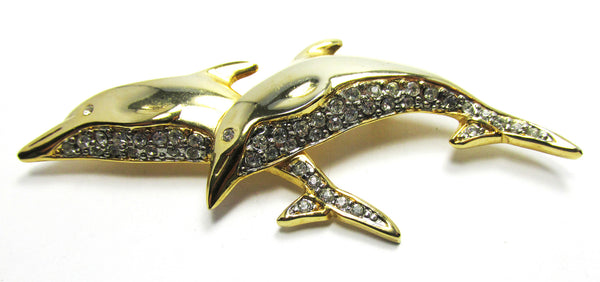 Vintage 1970s Contemporary Style Clear Rhinestone Dolphin Pin - Front