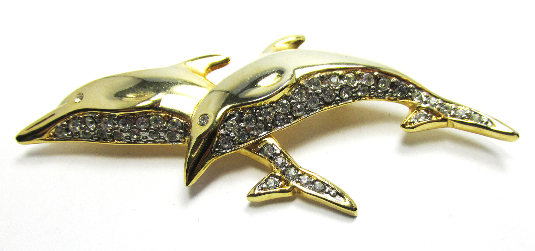 Vintage 1970s Contemporary Style Clear Rhinestone Dolphin Pin - Front