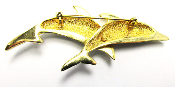 Vintage 1970s Contemporary Style Clear Rhinestone Dolphin Pin - Back