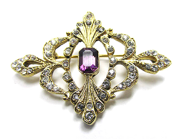 Vintage 1960s Purple and Clear Rhinestone Gold-Toned Pin - Front