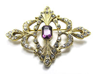 Vintage 1960s Purple and Clear Rhinestone Gold-Toned Pin - Front - Thumbnail