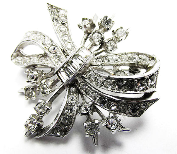 Vintage 1940s Mid-Century Clear Rhinestone Silver Floral Pin/Pendant - Front