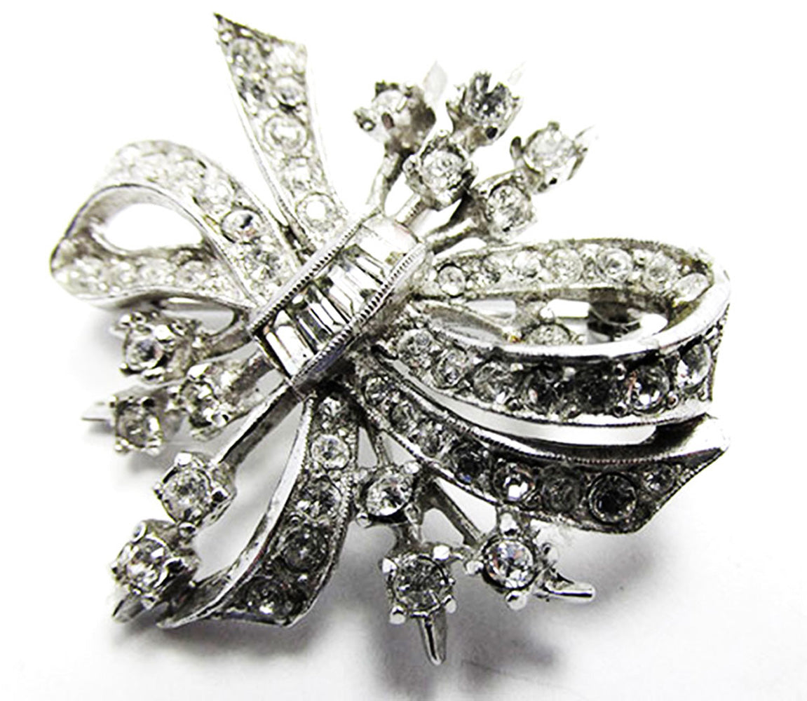 Vintage 1940s Mid-Century Clear Rhinestone Silver Floral Pin/Pendant