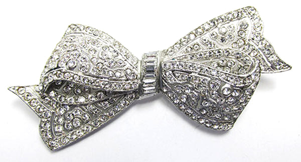 Vintage 1930s Extraordinary Clear Rhinestone Silver Bow Pin - Front