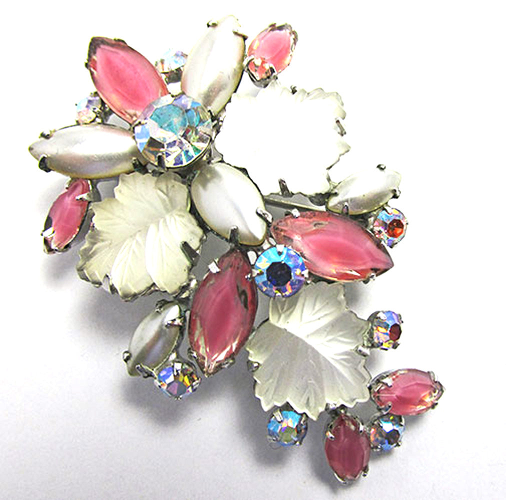 Unique Vintage 1950s White, Pink, and AB Rhinestone Floral Pin