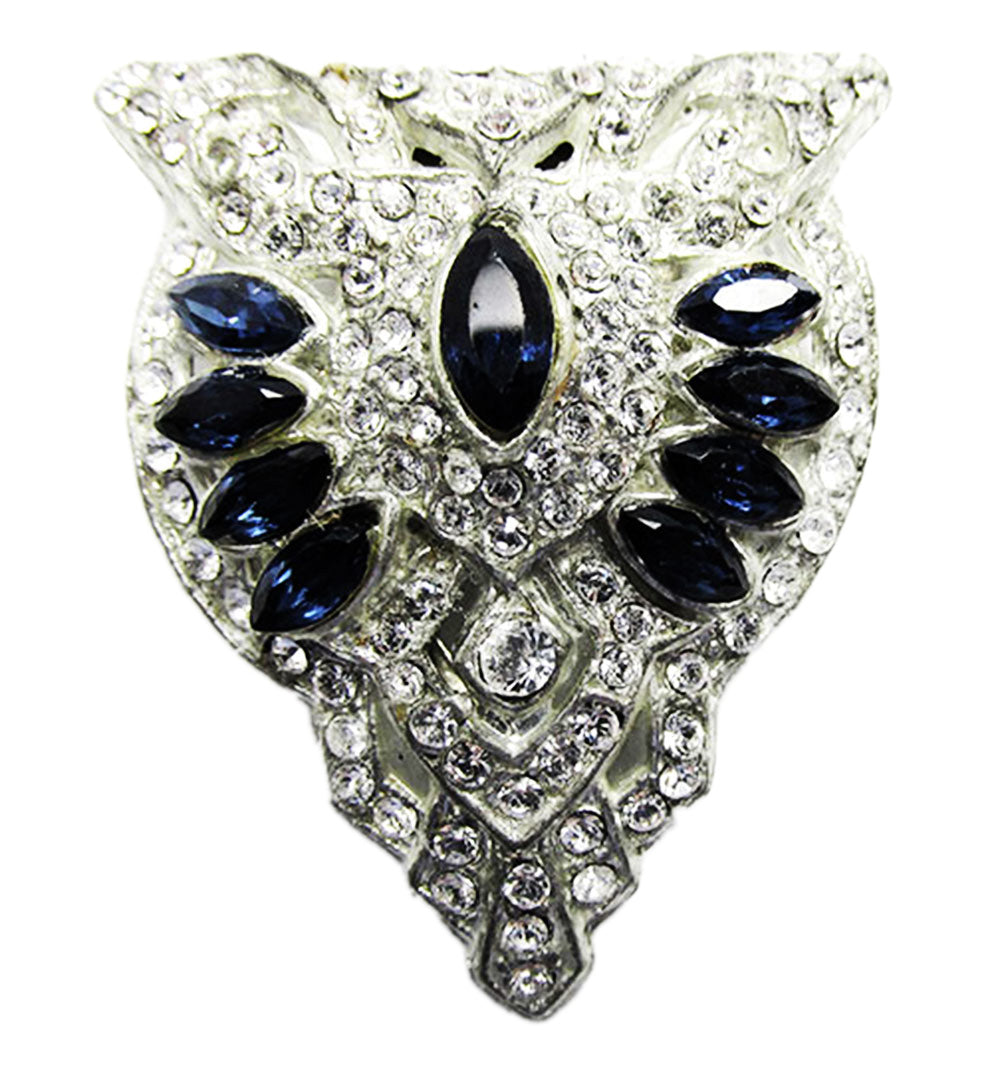 Vintage 1930s Art Deco Sapphire-Blue and Clear Rhinestone Dress Clip - Front