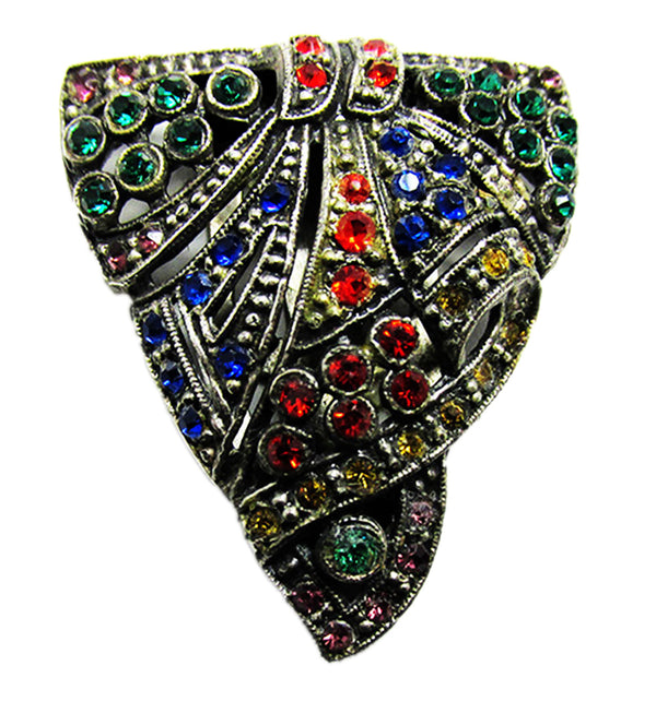 Vintage 1930s Art Deco Multicolored Rhinestone Silver Dress Clip - Front