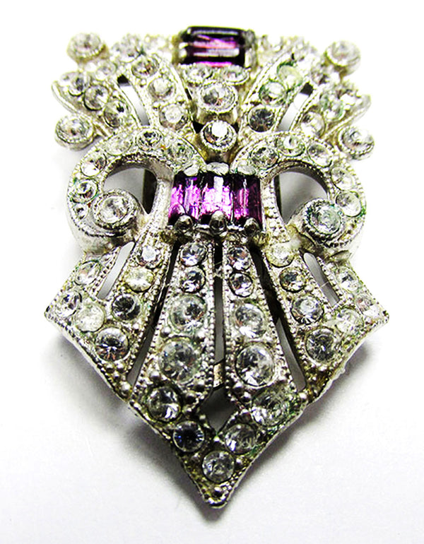 Vintage 1930s Art Deco Amethyst and Clear Rhinestone Dress Clip - Front
