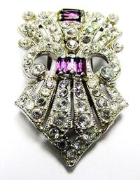 Vintage 1930s Art Deco Amethyst and Clear Rhinestone Dress Clip - Front - Thumbnail