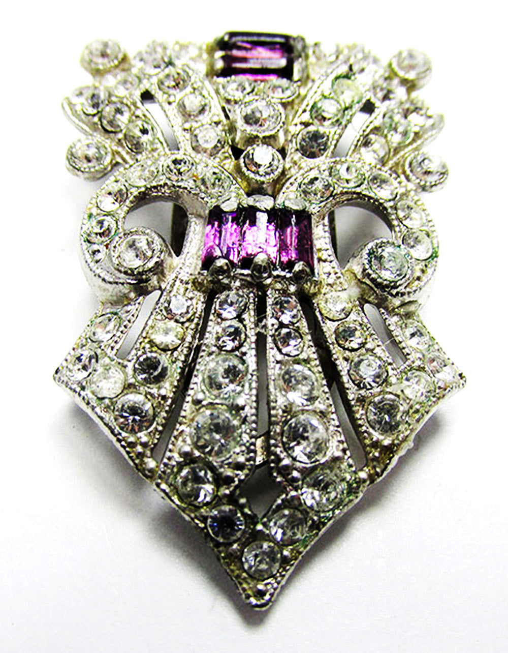 Vintage 1930s Art Deco Amethyst and Clear Rhinestone Dress Clip - Front