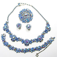 Crown Trifari 1950s Sapphire-Blue Rhinestone Four-Piece Floral Set - Front - Thumbnail