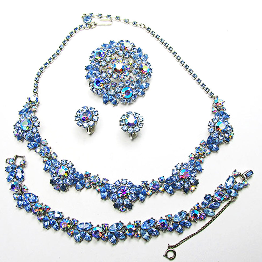 Crown Trifari 1950s Sapphire-Blue Rhinestone Four-Piece Floral Set - Front