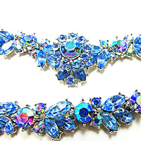 Crown Trifari 1950s Sapphire-Blue Rhinestone Four-Piece Floral Set - Close Up - Thumbnail