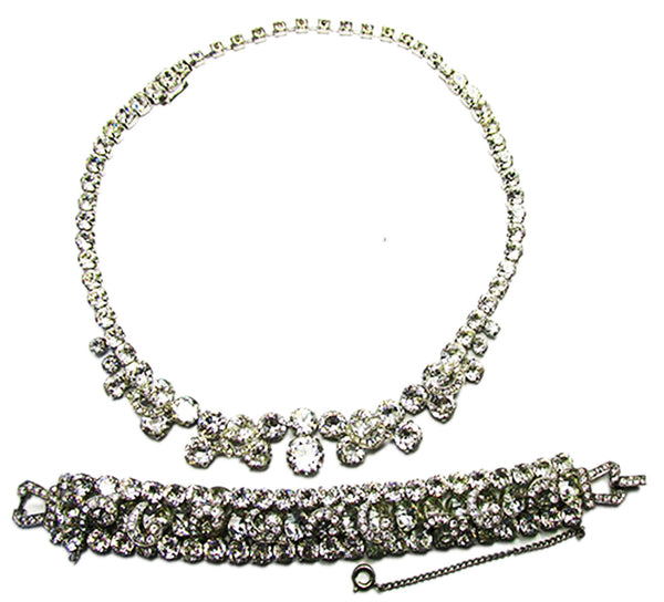 Weiss 1950s Clear Rhinestone Necklace, Earrings, and Bracelet Set