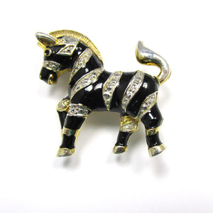 1960s Mid-Century Vintage Marcasite and Enamel Figural Zebra Pin - Front