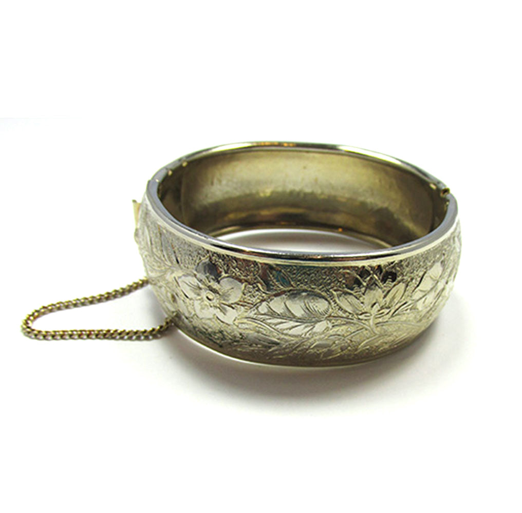 Signed Coro Pegasus Vintage 1950s Engraved Floral Gold Cuff Bracelet - Front