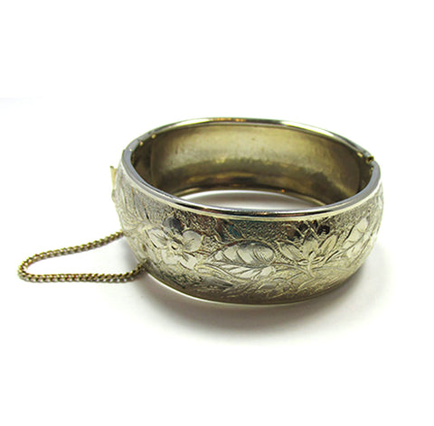 Signed Coro Pegasus Vintage 1950s Engraved Floral Gold Cuff Bracelet - Front