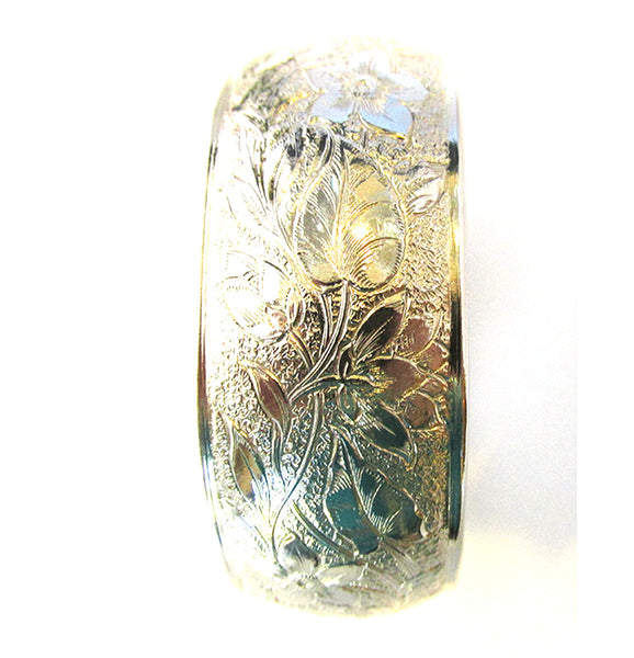 Signed Coro Pegasus Vintage 1950s Engraved Floral Gold Cuff Bracelet - Front