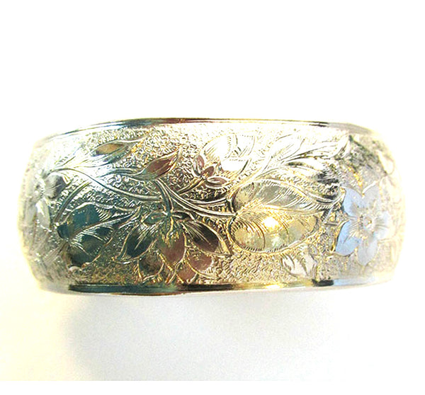 Signed Coro Pegasus Vintage 1950s Engraved Floral Gold Cuff Bracelet - Front Close Up