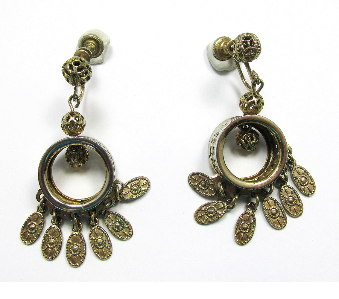 Vintage 1950s Fun Mid-Century Gold Screw Back Drop Earrings - Front