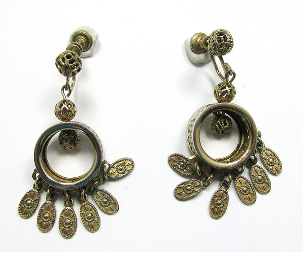 Vintage 1950s Fun Mid-Century Gold Screw Back Drop Earrings - Front